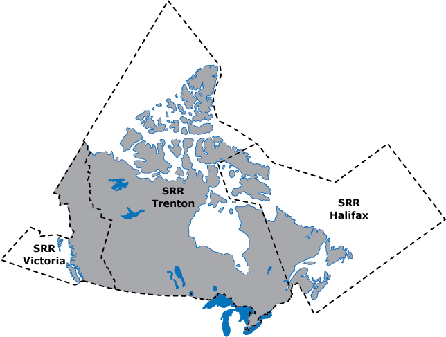 Carte du Canada avec les frontières des domaines où le Canada est responsable pour la recherche et de sauvetage
