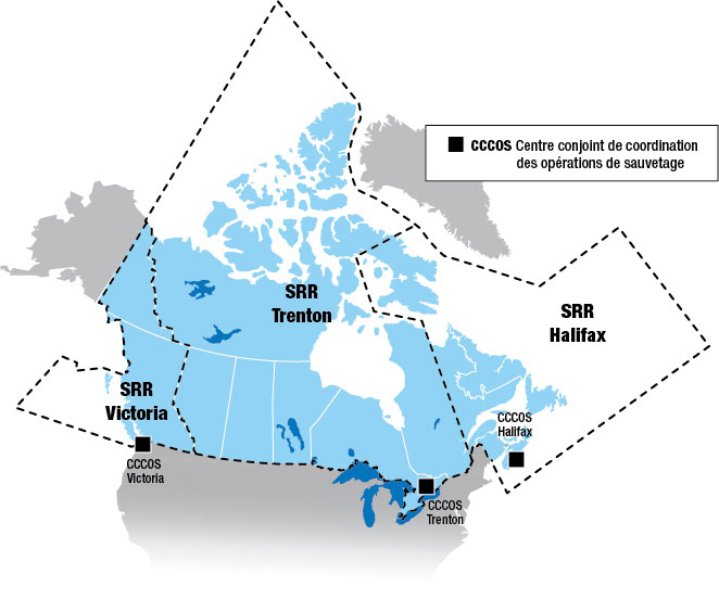 Carte des trois Centre conjoint de coordination des opérations de sauvetage (CCCOS) situé à Victoria (Colombie-Britannique), Trenton (Ontario) et Halifax (Nouvelle-Écosse) et leurs régions respectives de la recherche et de sauvetage