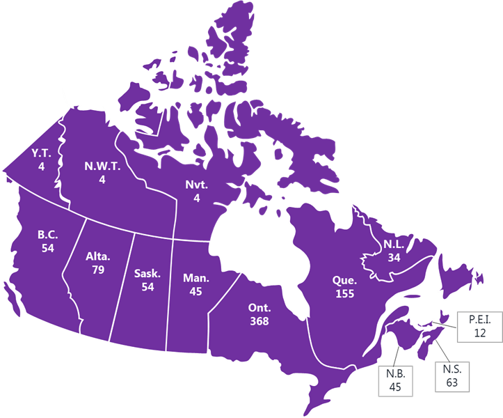 Map of Number of partner service providers in each province and territory